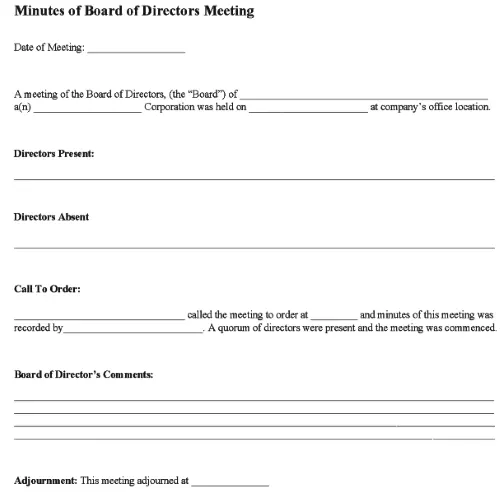 Minutes of Board of Directors Meeting Form Word