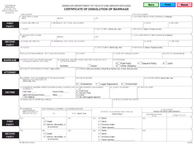 Missouri Certificate of Dissolution of Marriage PDF
