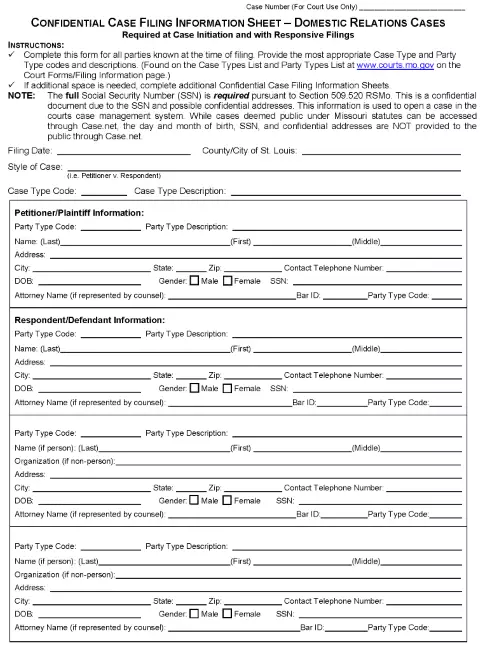Missouri Divorce Filing Information Sheet PDF