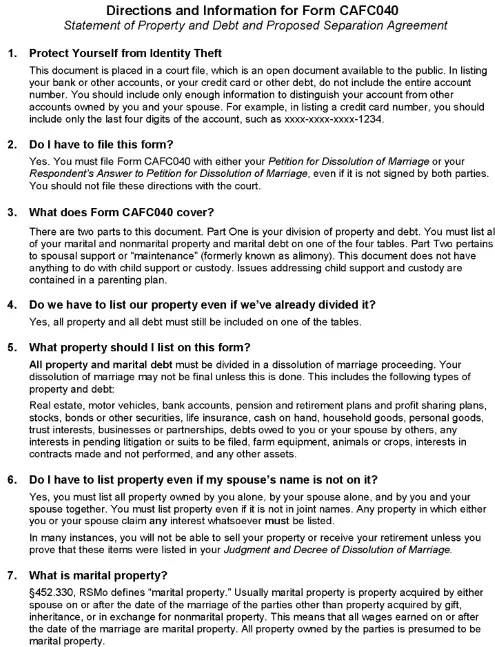 Missouri Statement of Property and Debt and Proposed Separation Agreement Instructions PDF