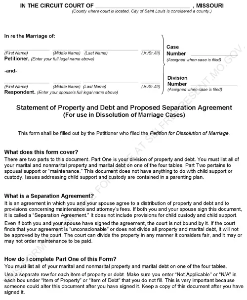 Missouri Statement of Property and Debt and Proposed Separation Agreement PDF
