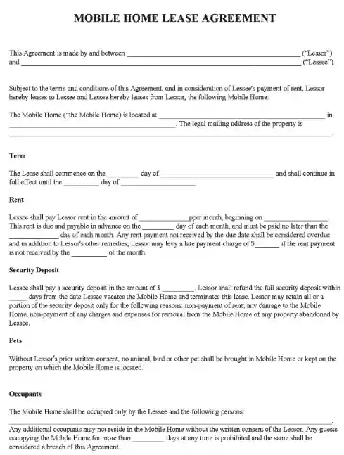 Mobile Home Lease Agreement