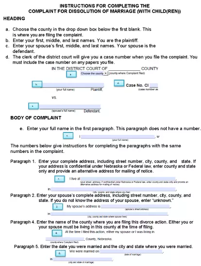 Nebraska Complaint For Dissolution of Marriage With Children Instructions PDF