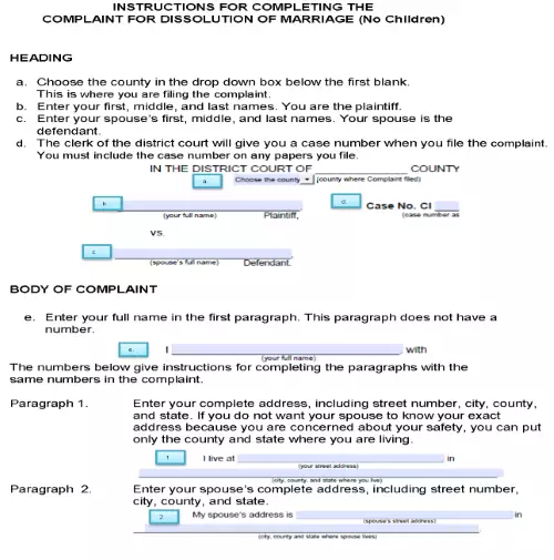 Nebraska Complaint For Dissolution of Marriage Without Children Instructions PDF