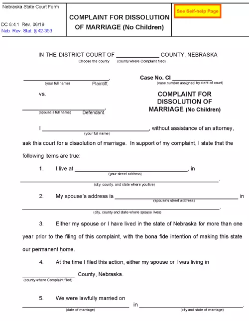 Nebraska Complaint For Dissolution of Marriage Without Children PDF