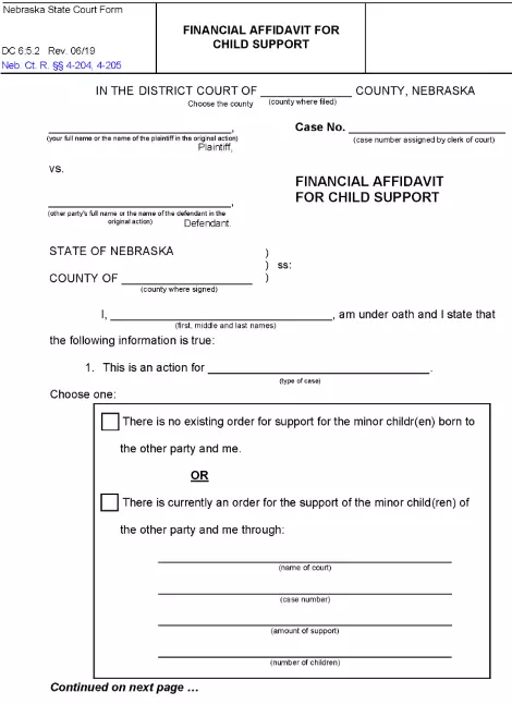 Nebraska Financial Affidavit For Child Support PDF