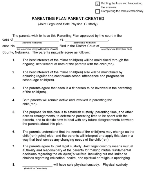 Nebraska Parenting Plan Joint Legal and Sole Physical Custody PDF