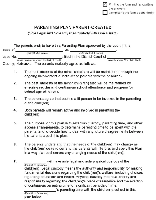 Nebraska Parenting Plan Sole Legal and Sole Physical Custody With One Parent PDF