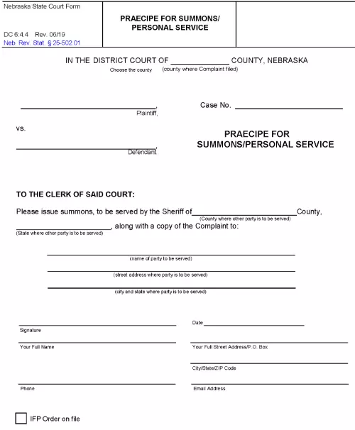 Nebraska Praecipe For Summons or Personal Appearance PDF