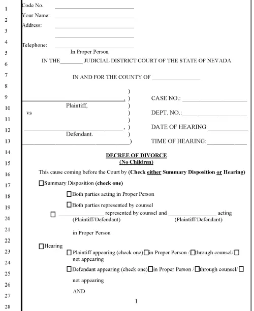 Nevada Decree of Divorce No Children PDF