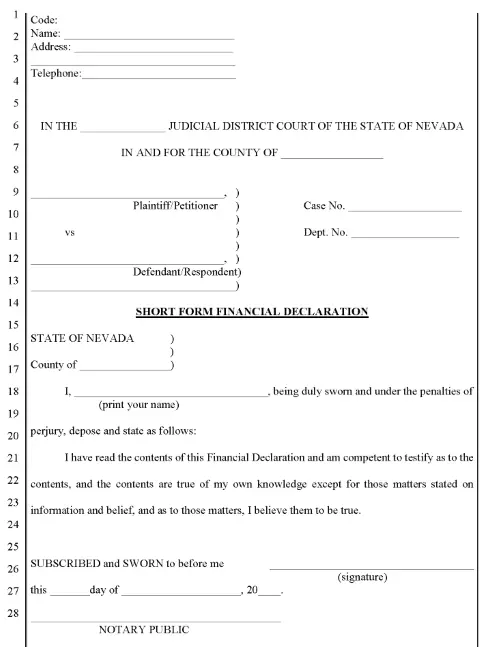 Nevada Short Form Financial Declaration PDF