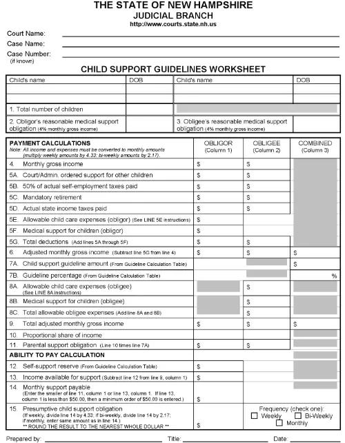 New Hampshire Child Support Guidelines Worksheet PDF