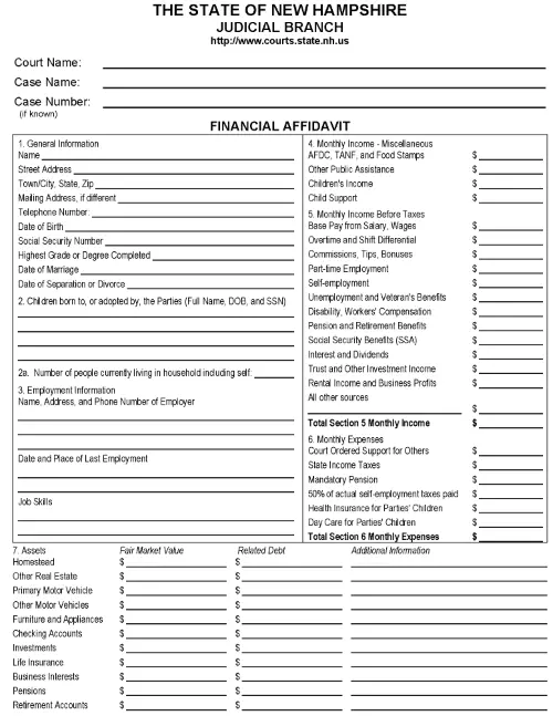 New Hampshire Divorce Financial Affidavit PDF