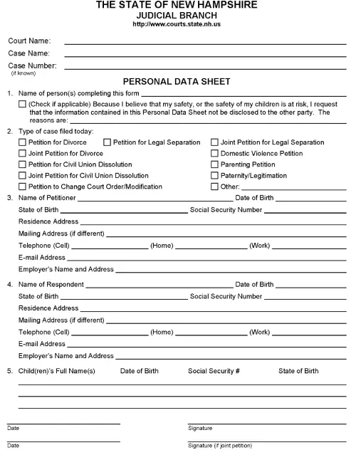 New Hampshire Divorce Personal Data Sheet PDF