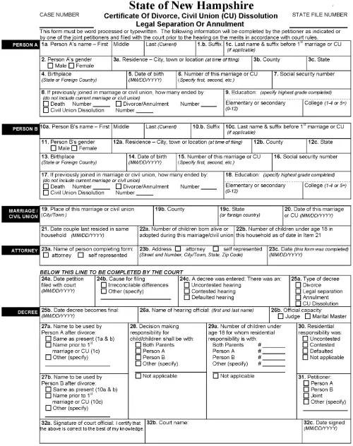New Hampshire Vital Statistics Certificate of Divorce PDF