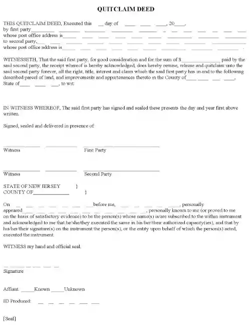 New Jersey Quitclaim Deed Word