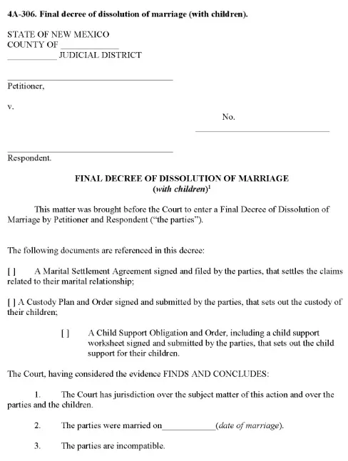 New Mexico Final Decree of Dissolution of Marriage With Children PDF