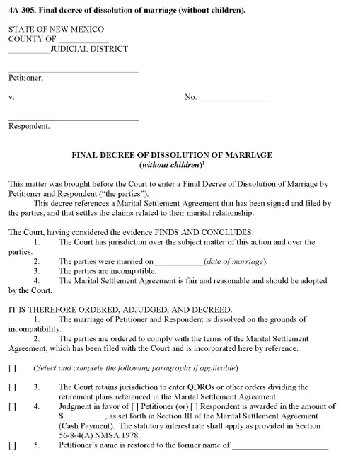 New Mexico Final Decree of Dissolution of Marriage Without Children PDF
