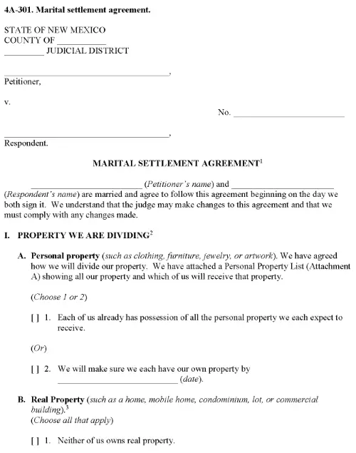 New Mexico Marital Settlement Agreement PDF