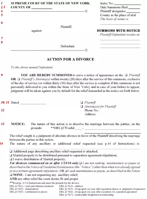 New York Divorce Summons With Notice PDF