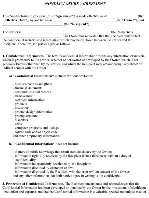 Non Disclosure Agreement Form PDF