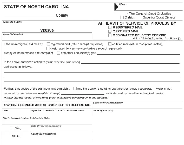 North Carolina Affidavit of Service of Process by Registered or Certified Mail PDF
