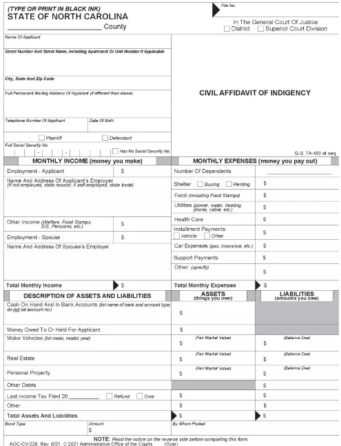 North Carolina Civil Affidavit of Indigency PDF