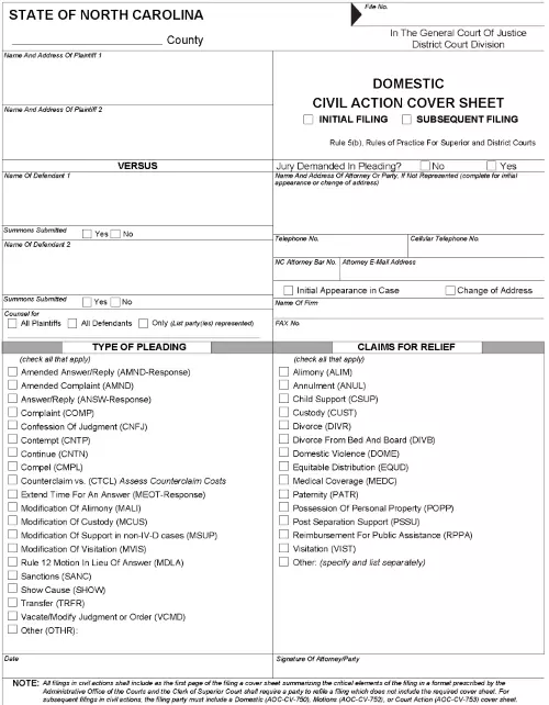 North Carolina Domestic Civil Action Cover Sheet PDF