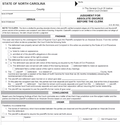 North Carolina Judgment of Absolute Divorce Before The Clerk PDF