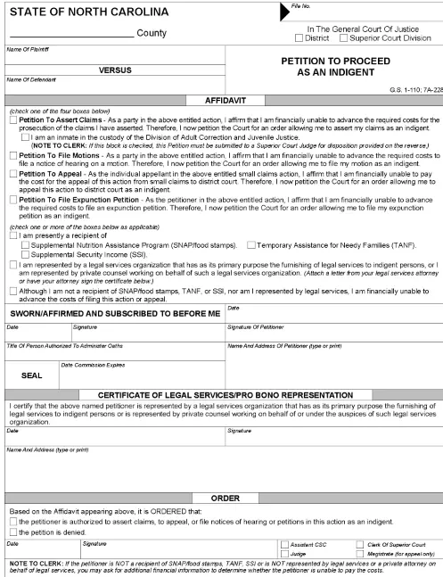 North Carolina Petition to Proceed as an Indigent PDF