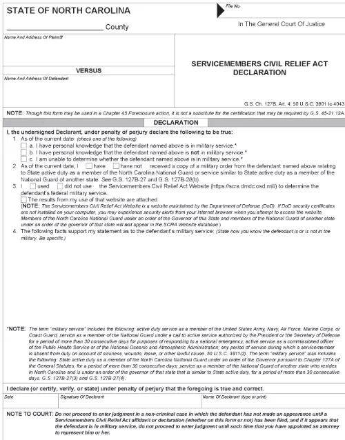 North Carolina Servicemembers Civil Relief Act Declaration PDF