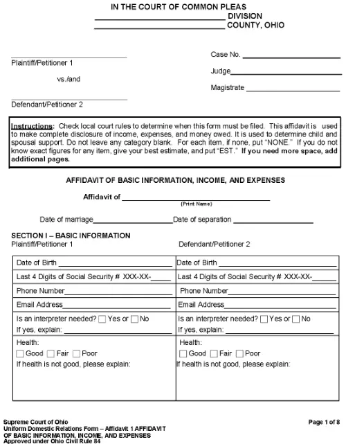 Ohio Divorce Affidavit of Basic Information Income and Expenses PDF