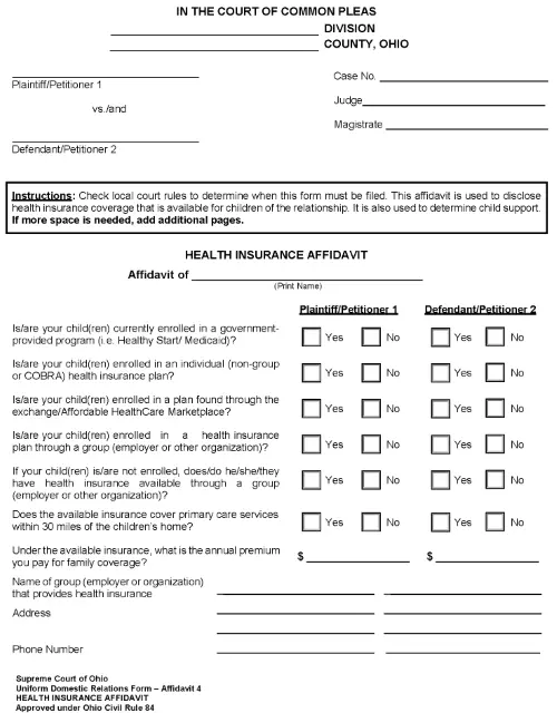 Ohio Divorce Health Insurance Affidavit PDF