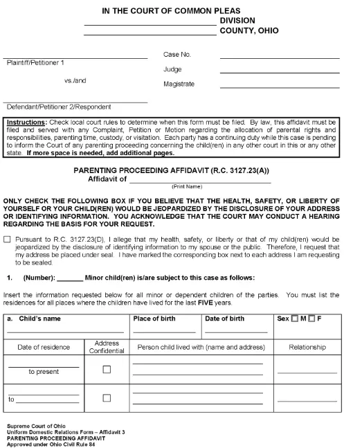 Ohio Divorce Parenting Proceeding Affidavit PDF