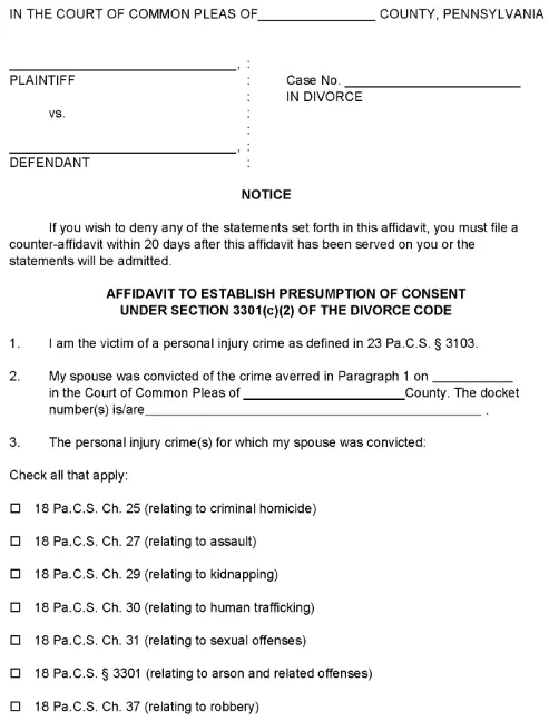 Pennsylvania Affidavit To Establish Presumption of Consent
