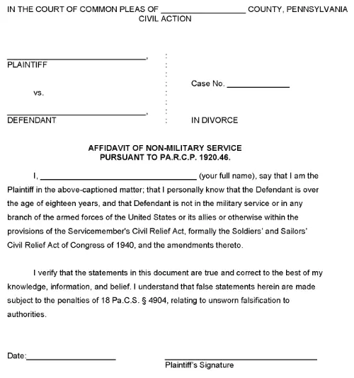 Pennsylvania Affidavit of Non Military Service PDF