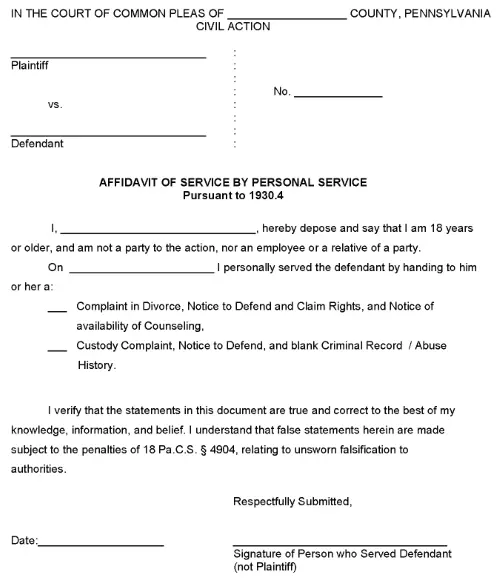 Pennsylvania Affidavit of Personal Service PDF