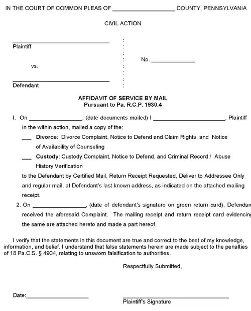 Pennsylvania Affidavit of Service of Original Process By Mail PDF