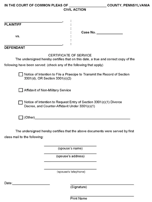 Pennsylvania Divorce Certificate of Service PDF