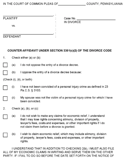 Pennsylvania Divorce Counter Affidavit PDF