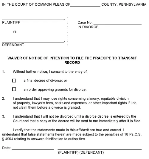 Pennsylvania Divorce Waiver of Notice PDF