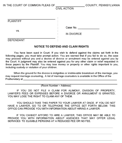 Pennsylvania Notice To Defend and Divorce Complaint PDF