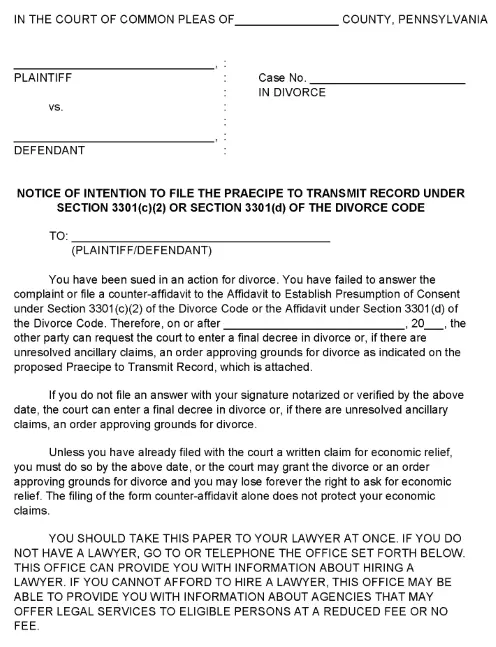 Pennsylvania Notice of Intention To File The Praecipe To Transmit Record 3301 c 2 PDF