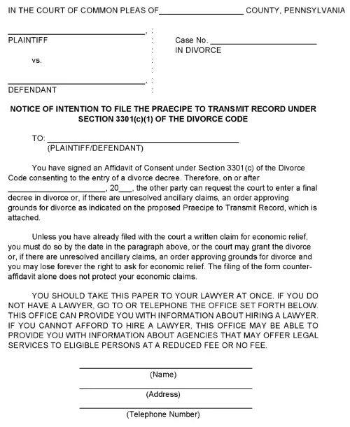 Pennsylvania Notice of Intention To File The Praecipe To Transmit Record PDF