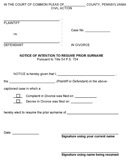 Pennsylvania Notice of Intention To Resume Prior Surname PDF