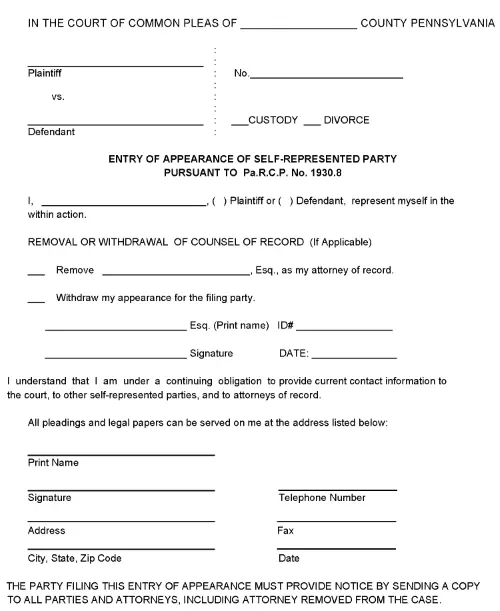 Pennsylvania Self Represented Party Entry of Appearance PDF