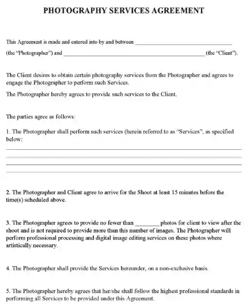 Photography Services Agreement Form PDF