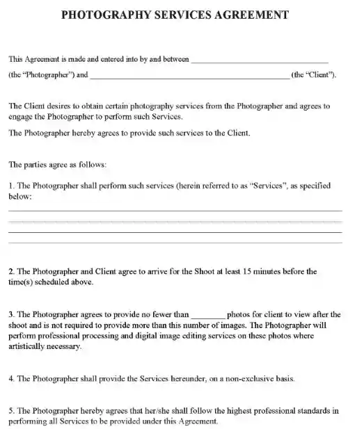 Photography Services Agreement Form Word