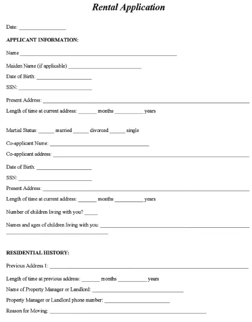 Rental Application Form Word