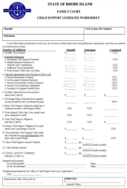 Rhode Island Child Support Guideline Worksheet PDF